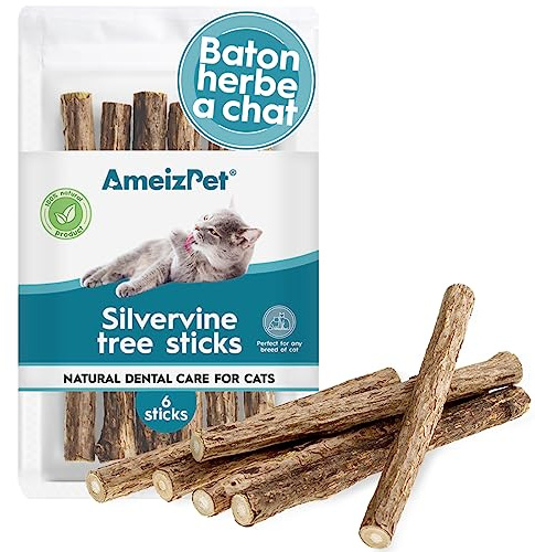 AmeizPet Erba Gatta Secca Per Gatto Pronta, Naturale Bastoncini Matatabi Per Gatti - Bastoncini Da Masticare, Silvervine Pulizia Denti Per Gatti 6 Pcs