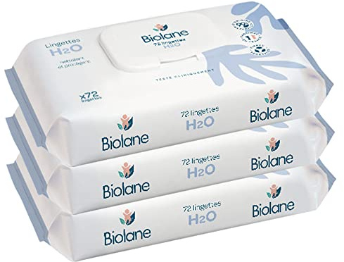 BIOLANE - H20 våtservetter - rengöringsmedel - set med 3 x 72 (216 våtservetter) - känslig hud - rengör och skyddar - kropp och säte - utan sköljning - från födseln - tillverkad i Frankrike