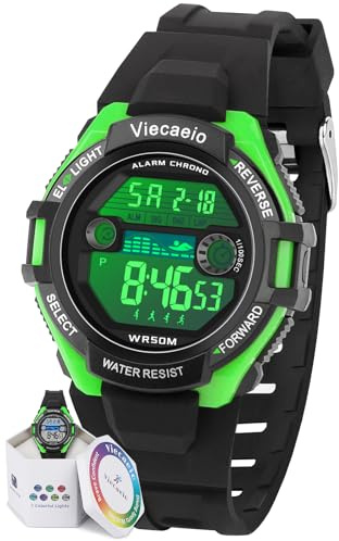 Viecaeio Kids Watches Digital Sport Watches for Boys Girls Outdoor Waterproof Ages 5-17 Suitable for 5.2-7.87in Wrists (Black with Green)