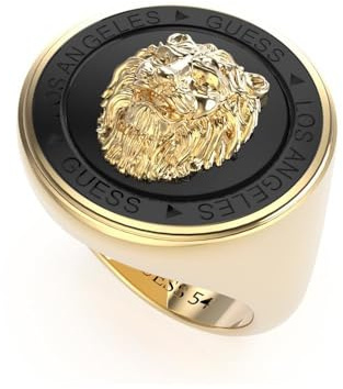 Guess Anillo de sello de cabeza de león para hombre, acero inoxidable, oro, Acero inoxidable