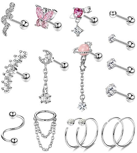 Morfetto 16pcs Helix Piercing Jewellery Surgical Steel Conch Tragus Helix Earring for Women Screw Back Earrings Stud CZ Ear Piercing Cartilage Helix Conch Hoop Earrings for Multiple Piercings Silver