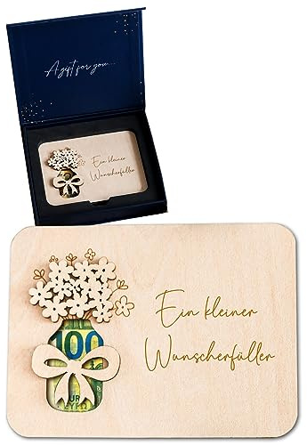 Joli Coon Kleiner Wunscherfüller Geldgeschenk, Wunscherfüller Gutschein | Aus hochwertigem Holz, mit blauer Geschenkschachtel, für bis zu 3 gefaltete Geldscheine