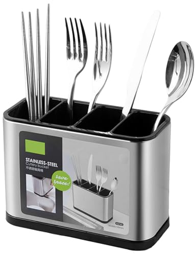 Jorzer Porta di utensili da cucina Porta da posate in acciaio inossidabile 4-GRID con foro drenante Caddy da posate anti-arruggine per cucchiai, spatole, forchette 7x3x5in