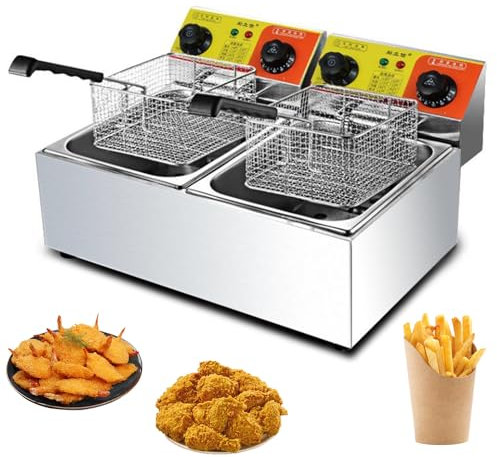 RUYICZB Friteuse Électrique INOX Double Réservoir Amovible Professionnelle Commerciale Thermostat 60-200 °C, 6L+6L Huile, 2 Paniers, 5000W, Principe De La Zone Froide, 2 Thermostats