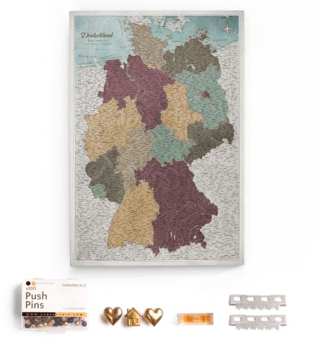 CANVASCALE Canvas Deutschlandkarte mit Pinnwand Kork zum Pinnen der Reiseziele - Wanddeko für Jeden Raum - Hochwertige Leinwand Bilder mit Deutschlandkarte (70x50 cm, Muster 11)