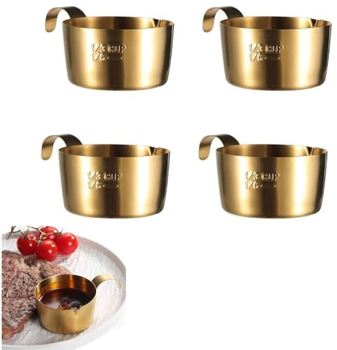 Qplcdg Edelstahl Saucenschälchen mit Griff,4 Stücke Dipschälchen Snack Dip Schalen Kleine Schälchen Mini Portionsbecher für Salatdressing Würze Dips Milch Kaffee 2.8oz (Golden)