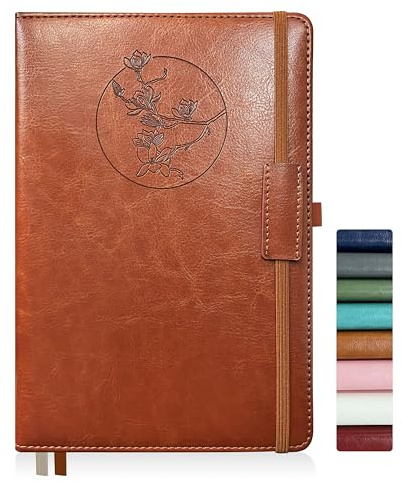 Qefuna Cuaderno de notas para mujeres y hombres, 256 páginas A5 cuadernos de notas de cuero, diario de rayas/cuaderno con papel 100Gsm, soporte para bolígrafo 5.8×8.4(Marrón)