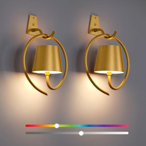 Faithorse Wandleuchte Innen, 2 Stück RGB Wandlampe mit Akku, Wandleuchte ohne Stromanschluss Led Lampe Außenleuchte Kabellose Wandleuchten für Schlafzimmer Wohnzimmer Treppe (Gold)