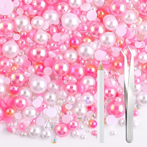NACHLYNN 60g Perlen-Mix und Strasssteine für Bastelarbeiten – Flachrücken-Strasssteine, Halbrundperlen, Größenmix 3mm-10mm – Für DIY-Nageldesign, Schuhe, Kleidung, Tumbler & Tassen (Rosa Weiß)