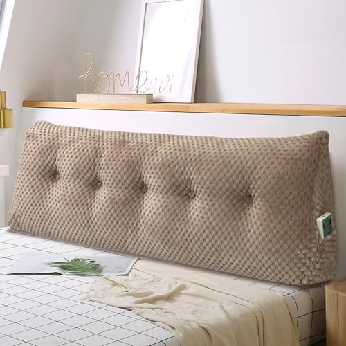 Mjuk kilkudde säng, stor ryggkudde, bekväm och stödjande, läskudde, väggkudde, ländryggskudde för soffa och sängar, stödkudde, nackkudde med avtagbart överdrag (ljusbrun – 150 x 20 x 50 cm)