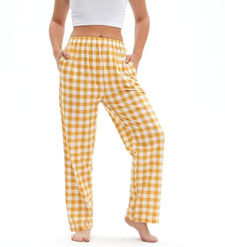 Mancru pyjamasbyxor för kvinnor, bekväma loungebyxor av bomull, rutiga pyjamasbyxor, loungewear för kvinnor, nattlinnebyxor kvinnor pyjamas nederdel byxor, GUL, L