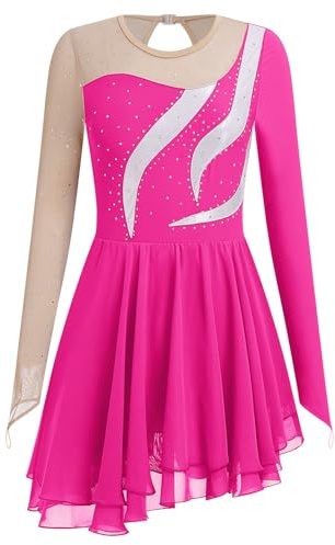 Eislaufkleid für Damen, langärmelig, Eiskunstlauf-Kostüm, Rhythmische Gymnastik, Gymnastikanzug, glitzernder Chiffon-Rock, Knallpink (Hot Pink), Mittel