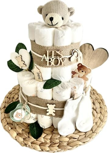 Windeltorte neutral mit Greifring Bär, Windeltorte für Jungen, Windeltorte für Mädchen, personalisiert, das perfekte Geschenk zur Geburt