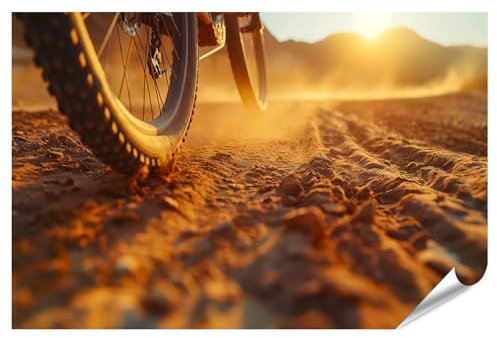 islandburner XXL Bild Poster Nahaufnahme Mountainbike Reifen auf sandigem Pfad bei Sonnenuntergang Radsport Szene Premium Bilder Fotodruck