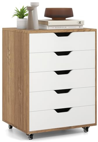 GOPLUS Rollcontainer mit Schubladen, Schubladenschrank mit Rollen, Griffmulden, mobiler Aktenschrank, Bürocontainer Rollschrank für Schlafzimmer Arbeitszimmer & Büro, 48 x 39,5 x 65,5 cm (Natur)