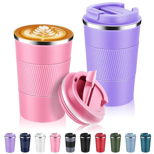 Volhoply 380ml doppelwandiger vakuumisolierter Reise-Thermobecher, 18/8 (304) Edelstahl-Kaffeebecher to go mit Klappdeckel, eignet sich für Auto, Büro und Reisen (Farbkombination, 2er-Set)