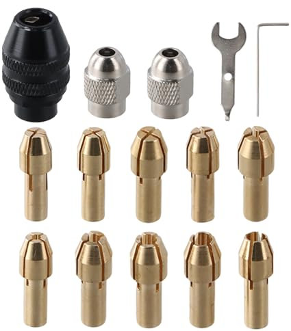 Gudalea Set di 15 Pezzi Pinze Mandrino Trapano, Ottone Mandrino, 1/32-1/8, Adatto a Dremel, Frese e Trapani Elettrici (0.5-3.2mm)