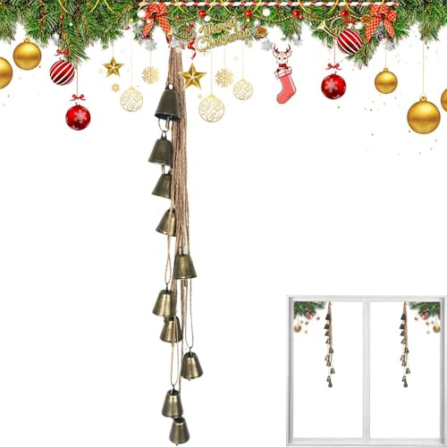 Ylnailky Campanas de Navidad para decoración, corona de Navidad con cuerda de yute, campanas doradas para interiores y exteriores para puerta, porche, corona, manto, riel de escalera