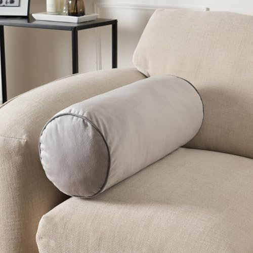 OHS Round Cushion Support Matte Velvet Bolster Cushion, Soft Comfy Neck Roll Pillow for Armrest Head Support Yoga Bolster for Sofa & Bed, Grey/Charcoal-46x20cm