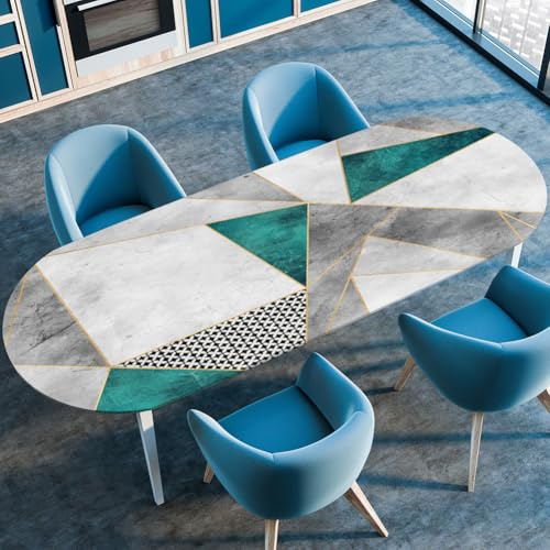 Odot Waschbare Elastische Runde Tischdecke Oval Abwaschbar Spanntischdecke Oval Gartentischdecke 3D Geometrie Outdoor Oval Tischdecke mit Gummizug (91x152cm,Türkis)
