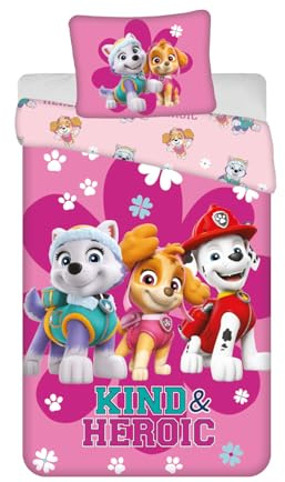 Paw Patrol - Biancheria da letto per bambini, motivo Kind & Heroic, 100% cotone, set di biancheria da letto per letto singolo, copripiumino 140 x 200 cm + federa 50 x 70 cm