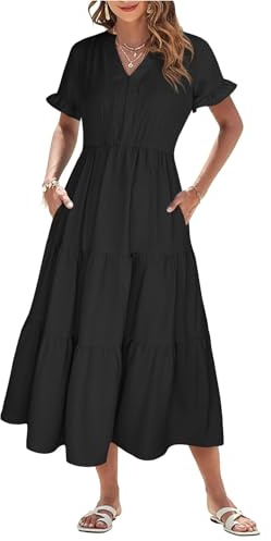 Theenkoln Sommerkleid Damen Lang V-Ausschnitt Kurzarm Strandkleid Einfarbig Rüschen Midikleid Freizeitkleider mit Taschen Schwarz M