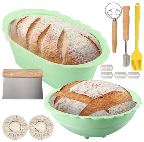 Banneton pour Pain Kit, Corbeille a Pain, 8 Pièces Ensemble de Paniers de Fermentatio, Banneton Ronds de 25.5cm et Ovales de 27cm avec Coupe Pate Boulangerie, Lame de Boulanger, Brosse, Fouet (vert)