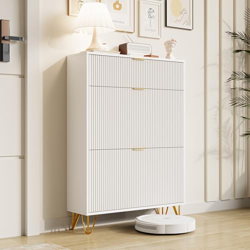 KEFSR Weißer Schuhschrank, moderner Holzkommode mit goldenen Griffen, 3 Schubladen, für Schlafzimmer, Wohnzimmer, klein geriffelt