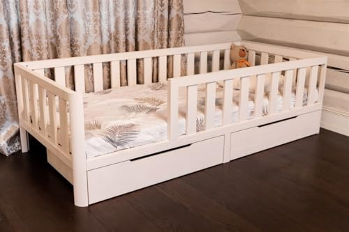 Mandrele - Montessori Bett, Bodenbett mit Lattenrost und Schubladen, Rausfallschutz Bett, Kinderbett, Holzbett mit Bettgestell für Jungen und Mädchen, 120x200 cm, Weiß