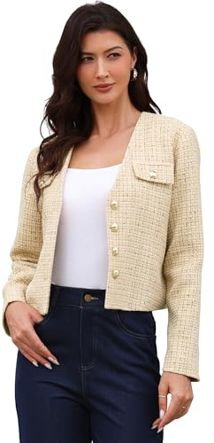 Allegra K Tweed Blazers for Women Long Sleeve Button Down Collarless Elegant Business Casual Cropped Jacket Apricot M