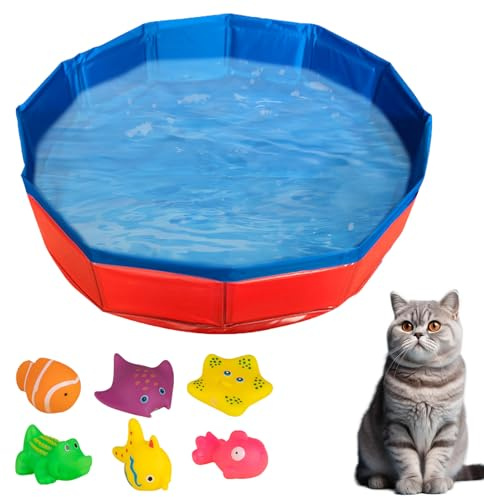 Katzen Pool 30x10cm, Faltbare Katzenpool mit 6 Spielzeug, Mini Pool für Katzen Hunde, Katzenspielzeug Swimmingpool, Planschbecken für Katze Hundebadewanne, Wasserspielzeug Minipool für Sommer (E)