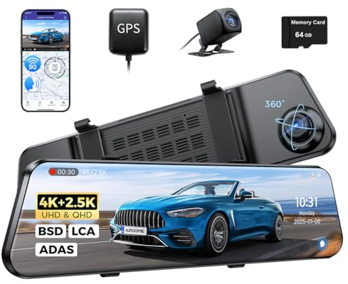 12 Inch Touch Screen Rearview Mirror, Dual Lens Dash Cam For Cars,With 4K Front Camera, Rear View Camera 2.5K WDR Night Vision, With 5G Wifi GPS Navigation ADAS BSD Voice Control Car DVR Video Record
