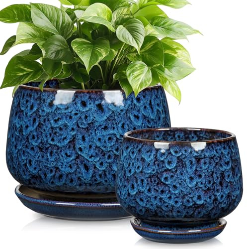 Oairse Durchmesser 19cm/15cm 2er-Set Keramik Übertopf, Blumentöpfe mit Drainageloch-Untersetzern für Zimmerpflanzen, Retro-Dekoration für Gartenbehälter-Sets im Freien