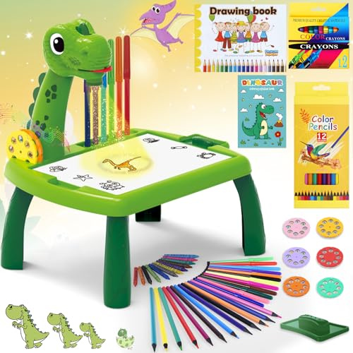 BuzzoXerex Proiettore Disegno Bambini, Tavolo da Disegno per Bambini 48 Pezzi Proiettore Colorare Bambino con 48 Motivi, Album da Disegno, Album di Adesivi, Penne Colorate per 3-10 Anni (Verde)