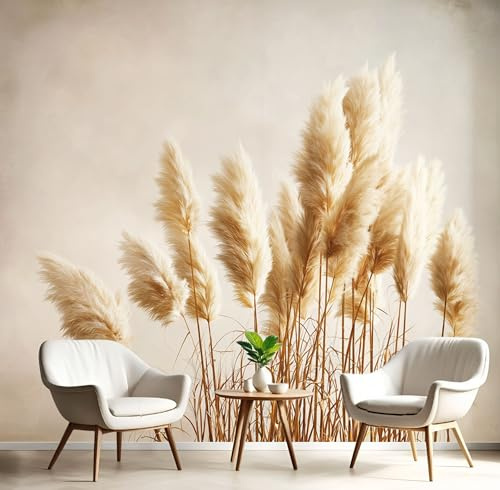 3D Fototapete Vlies Pampasgras Moderne Wanddekoration, 450×300cm(W×H) Premium Kunstdruck Tapete, Retro Pflanzen XXL Tv-Hintergrundwand Für Schlafzimmer, Wohnzimmer, Kinderzimme Beige
