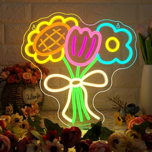 ineonlife Blume Neon Schild Flower Led Schild Neon Sign für Wand Dekor Ein Blumenstrauß Leuchtschilder Zeichen für Mädchenzimmer,Wohnzimmer,Ruhebereich,Blumenladen,Garten