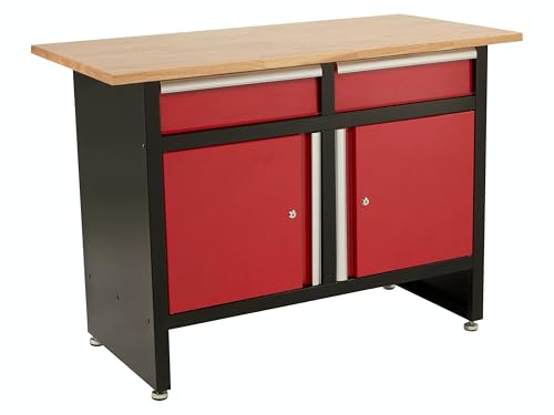 The Workplace Depot Storage Workbench – Wooden Worktop, Red & Black Steel Frame – Lockable Cabinets & Drawers with Adjustable Feet – Ideal for Garages, Workshops & Studios