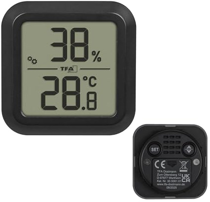 TFA Dostmann Digitales Hygrometer Thermometer zum Einbauen, 30.5061, zur Kontrolle von Temperatur und Luftfeuchtigkeit, magnetisch, Kalibrierfähig, hohe Genauigkeit (+/-1°C), schwarz