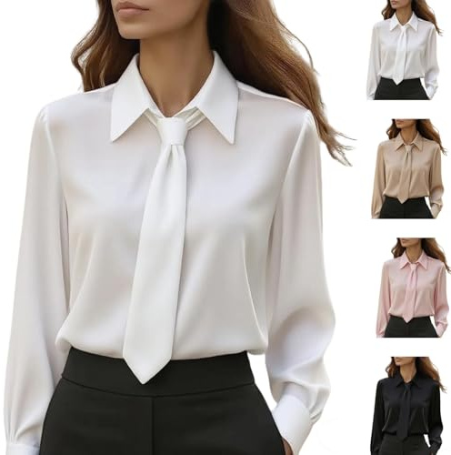 Camicia da donna con bottoni con cravatta elegante slim lavoro lavoro a maniche lunghe in raso camicetta – elegante casual ufficio cravatta top, bianco, S