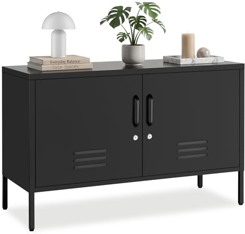 tectake® Sideboard, 100 x 42,5 x 65 cm, mit Magnetverschluss, verstellbarer Zwischenboden, abschließbar, Metall, rutschfest, solides Stahlgestell, minimalistischer Look, Schraubfüße, Kommode - schwarz