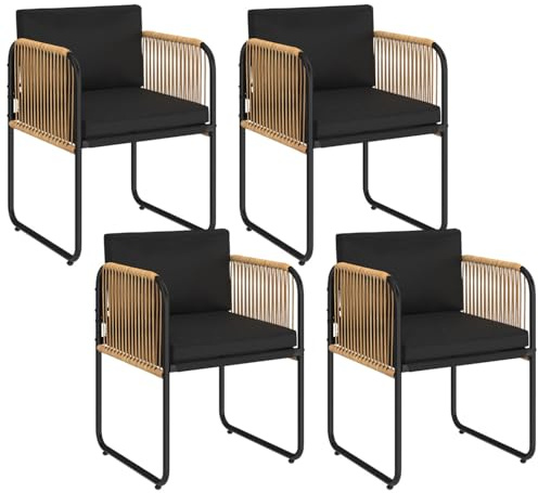 IDMarket - Set aus 4 Gartenstühlen Rio mit schwarzem Metallgestell, Seilen mit hellem Rattaneffekt und schwarzen Kissen