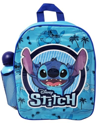 Disney Zaino Scuola Stitch Palme Colore Azzurro con Borraccia 400ml Tasca Laterale Sinistra