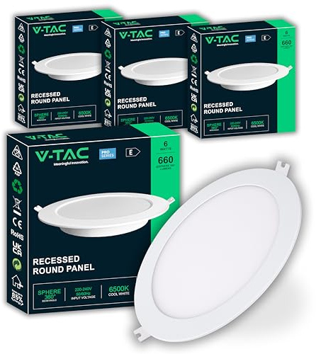 V-TAC 4x Faretti LED da Incasso Rotondo 6W - PRO SERIES - Diametro 120 mm - 660 Lumen - IP20 - per Soffitto, Casa, Cartongesso - Mini Pannello - Lampada - Foro 107-112mm - Luce Fredda 6500K