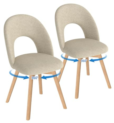 WAFTING Esszimmerstühle drehbar Polster Holzbeine 2er Set，Hellbraun | 360° drehbar, dicker Leinenstoff mit luftdurchlässiger durchbrochener Rückenlehne, geeignet für Esszimmer, Küche, Wohnzimmer