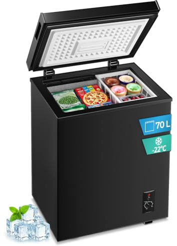 FOHERE Congelador Horizontal, Capacidad 70L, Alto 72.5 cm, Cesta con Asa, Silencioso 45 dBA, 6 Ajustes de Temperatura, Negro