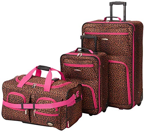 Rockland Vara Softside 3 Piece Upright Luggage Set, Expandable, (20/28/22 Rolling Duffel), Pink Leopard