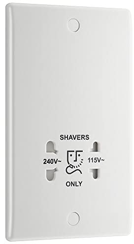 BG Electrical Dual Voltage Shaver Plug Socket, Electric Toothbrush Charger Socket for Bathrooms, Round Edge, Nexus 800 Series, White Moulded, 2-Pin, 115V / 240V, 820