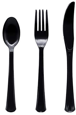 Party Essentials Extra Heavy Duty Hard Plastic Cutlery Combo Pack and Full Size Knives/Forks/Spoons, Black, 8 Place Setting-Count
