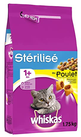 Whiskas Erwachsene 1+ – Trockenfutter für ausgewachsene Katzen sterilisiert – mit Huhn – 6 Beutel à 1,75 kg
