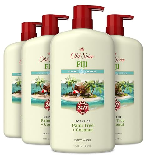 Old Spice Body Wash for Men, 24/7 Shower Fresh with Lasting Scent, Cleanse & Refresh, Gentle on Skin, Vitamin B3, Fiji with Palm Tree + Coconut Scent, 25 oz (Pack of 4)